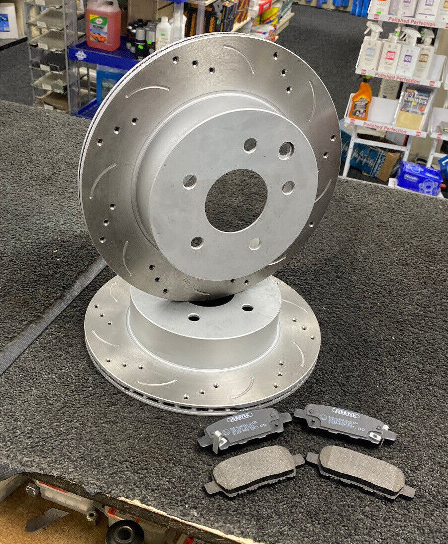 FOR QASHQAI DCI TEKNA (MK2 (J11)) FRONT & REAR DRILLED GROOVED BRAKE DISCS PAD