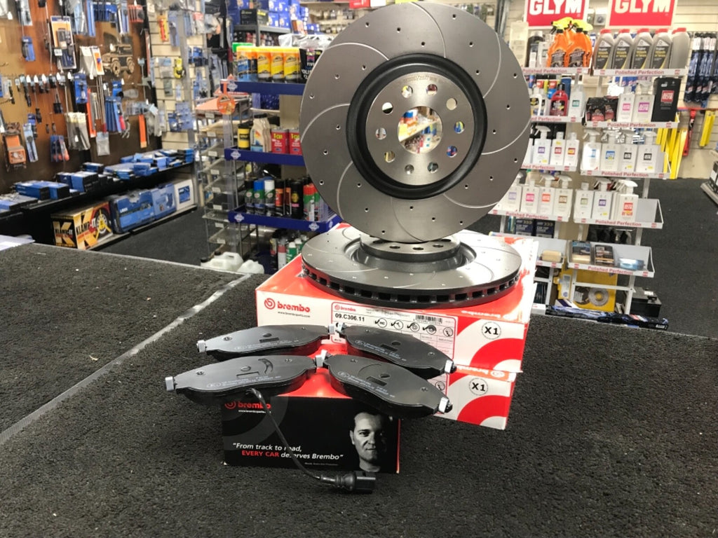 AUDI S3 8V BRAKE DISC PADS BREMBO DRILLED GROOVED FRONT 340MM 