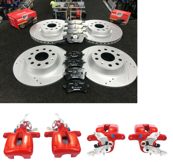 VW TIGUAN SPORT TDI BRAKE DISC FRONT REAR DRILLED GROOVED MINTEX PADS + CALIPERS