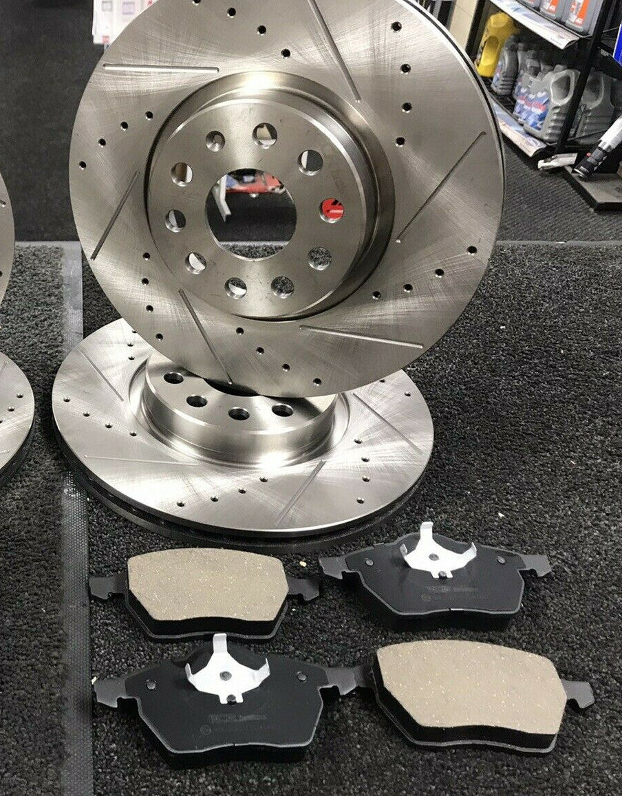AUDI A3 TDi TFSi 8P Q2 Q3 ALTEA CROSS DRILLED GROOVED BRAKE DISC PADS FRONT 312M