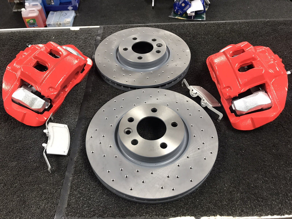 VW TRANSPORTER T5 T6 DRILLED BRAKE DISC PADS CONVERSION KIT 17" 340mm RED