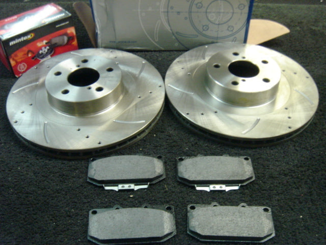 FOR IMPREZA WRX 4 POT BRAKE CALIPER CONVERSION CROSS DRILLED GROOVED BRAKE DISC