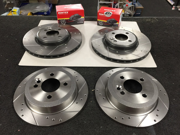 BMW MINI JOHN COOPER WORKS R53 BRAKE DISCS SPORT CROSS DRILLED GROOVED BRAKE PAD