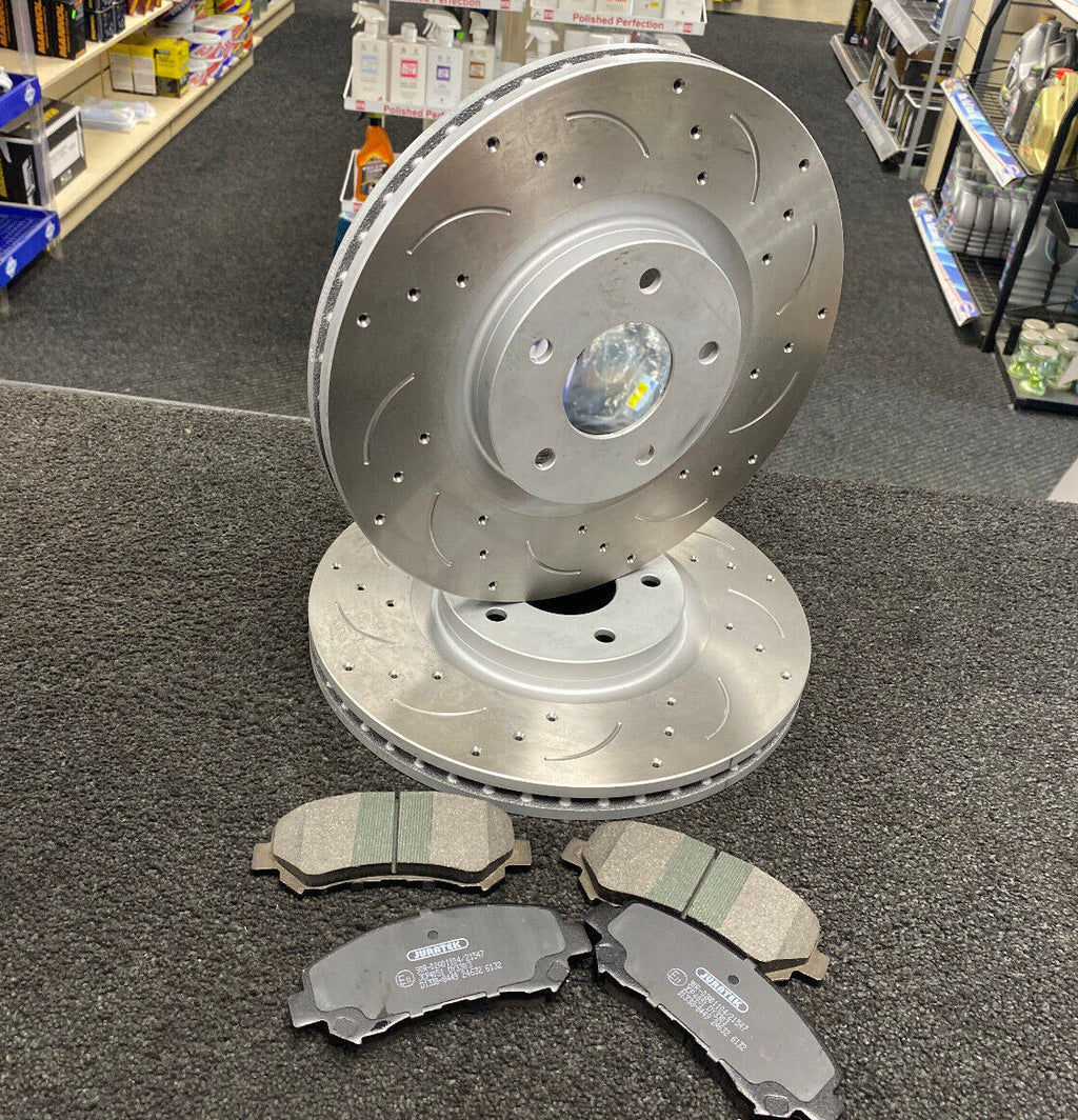 FOR QASHQAI DCI TEKNA (MK2 (J11)) FRONT & REAR DRILLED GROOVED BRAKE DISCS PAD