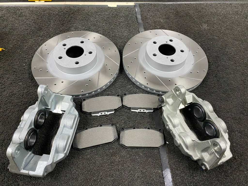 2 CROSS DRILLED GROOVED BRAKE DISC PAD 4POT BRAKE CALIPERS FOR IMPREZA WRX TURBO
