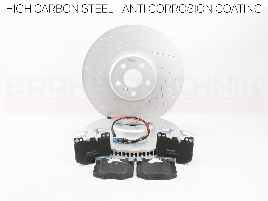 FOR BMW I4 EDRIVE40 RWD G26 2021- FRONT REAR PERFORMANCE DIMPLE AND GROOVED BRAKE DISCS AND PREMIUM BRAKE PADS & SENSORS