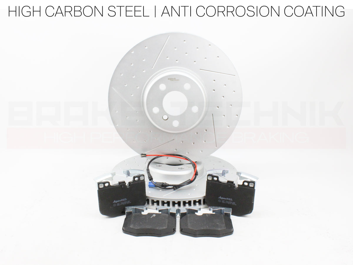 FOR BMW I4 EDRIVE40 RWD G26 2021- FRONT REAR PERFORMANCE DIMPLE AND GROOVED BRAKE DISCS AND PREMIUM BRAKE PADS & SENSORS