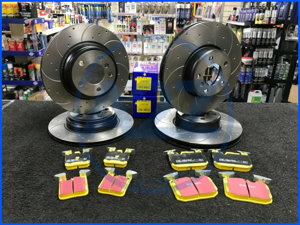 FORBMW 335D 335i F30 DRILLED GROOVED BRAKE DISC EBC BRAKE PAD FRONT REAR 340+330