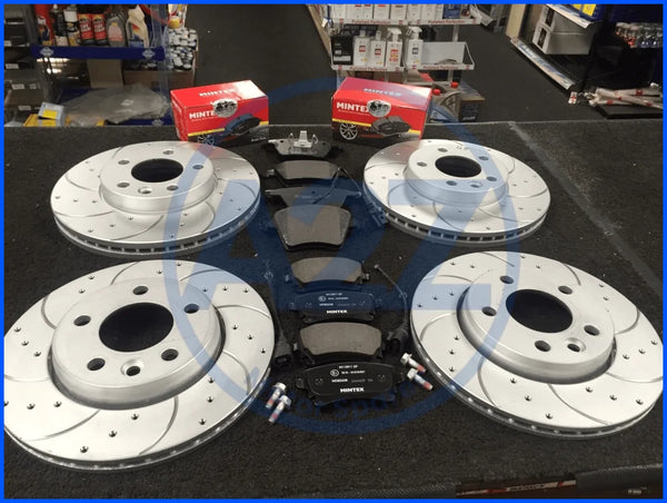 VW TRANSPORTER T5 T32 CROSS DRILLED GROOVED BRAKE DISC MINTEX PADS FRONT REAR
